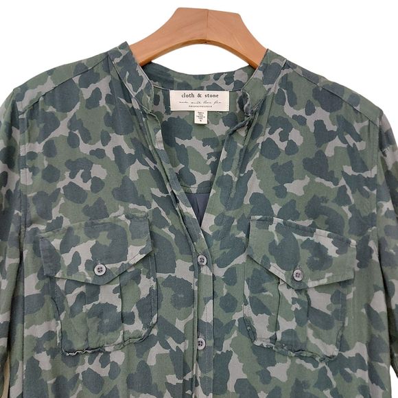 Anthropologie Cloth & Stone Nina Camo Dress Small Green Button Up Long Sleeve - Picture 2 of 12